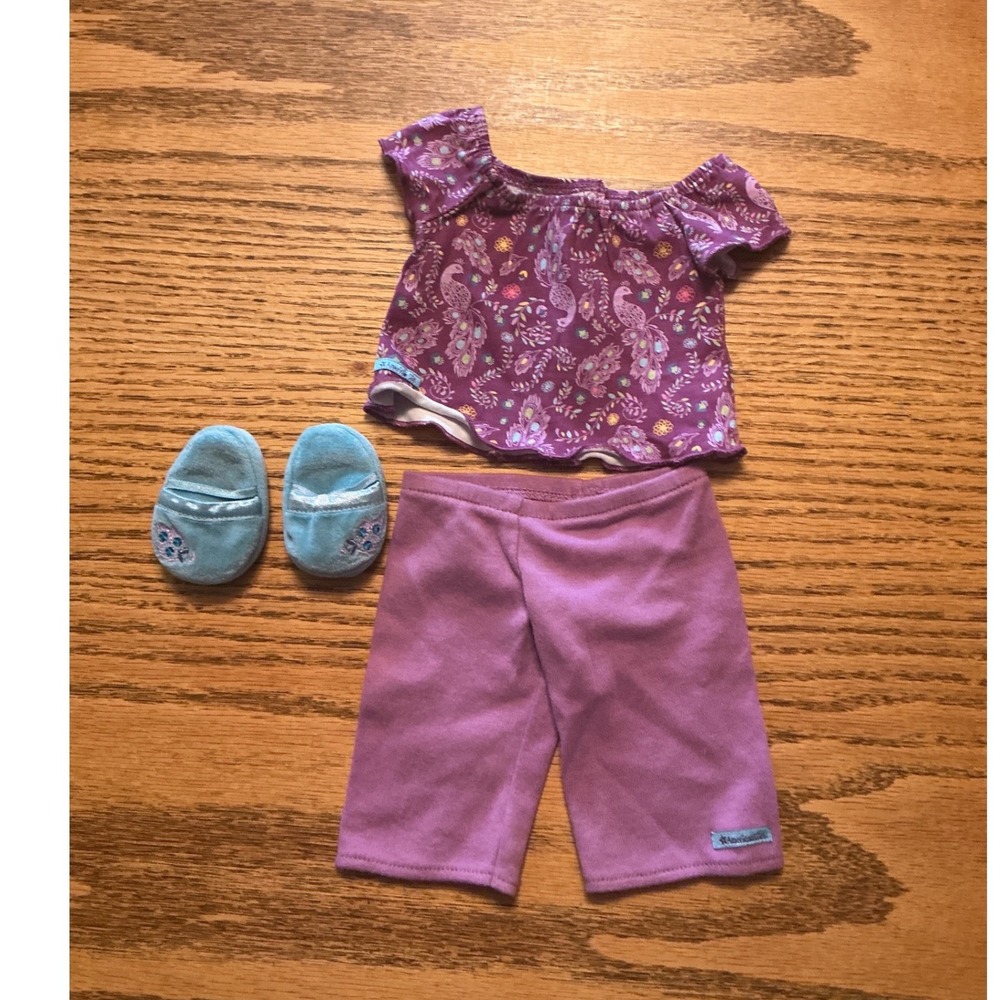 American Girl Doll Peacock Pajamas Set Purple Top Shorts Blue Slippers 18 Inch